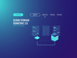 Server room banner, proxy vpn technology, cloud data center datase, blockchain concept, hoting online neon dark isometric vector
