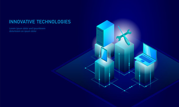 Computer service repair isometric. 3d blue flat technical support screwdriver future modern banner business technology. Process PC test diagnostic infographic background vector illustration