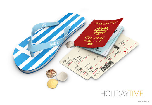 Greece flip flops pass and tickets, isolated on white background. concept travel to Greece, 3d illustration