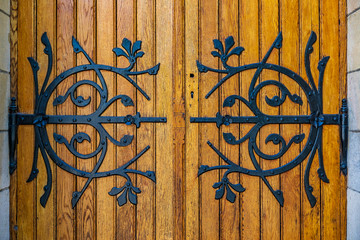 Ornate old side door at Oscarskyrkan or Oscar's Church in Stockholm Sweden