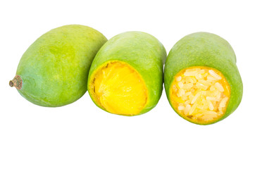 Abstract soft focus the rip of mango with sticky rice on the white backgroud.Local food in Thailand.