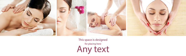 Collage with young and healthy woman relaxing in spa salon. Girl getting traditional oriental aroma therapy and massaging treatments. Healthcare and medicine concept.