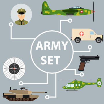 Military set, a set of military icons. Fighter, tank, helicopter, man in uniform, weapons.