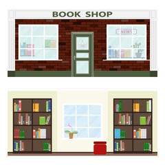 Bookstore, facade and interior of the bookstore. A bookstore with books.