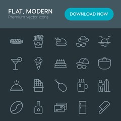 Modern Simple Set of food, drinks, travel Vector outline Icons. Contains such Icons as  surfer,  drink,  water, food,  debit,  meal,  surf and more on dark background. Fully Editable. Pixel Perfect