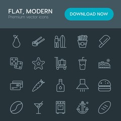 Modern Simple Set of food, drinks, travel Vector outline Icons. Contains such Icons as  surfer,  sliced,  fish,  white,  japanese,  glass and more on dark background. Fully Editable. Pixel Perfect