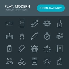 Modern Simple Set of food, drinks, travel Vector outline Icons. Contains such Icons as ticket,  pass, pinafore, sun,  sausage, wheel, cherry and more on dark background. Fully Editable. Pixel Perfect
