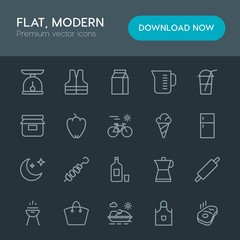 Modern Simple Set of food, drinks, travel Vector outline Icons. Contains such Icons as pinafore,  steak,  sport,  rosemary, cooking,  drink and more on dark background. Fully Editable. Pixel Perfect