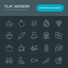 Modern Simple Set of food, drinks, travel Vector outline Icons. Contains such Icons as  breakfast,  north,  cheese, food,  food,  red,  road and more on dark background. Fully Editable. Pixel Perfect