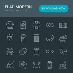 Modern Simple Set of food, drinks, travel Vector outline Icons. Contains such Icons as ring,  document,  casino,  action, windsurfing,  food and more on dark background. Fully Editable. Pixel Perfect