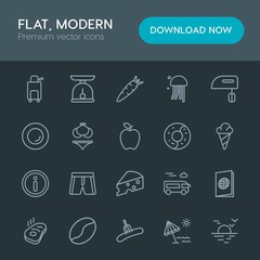 Modern Simple Set of food, drinks, travel Vector outline Icons. Contains such Icons as  sunrise,  food,  id,  weight,  pork,  animal, food and more on dark background. Fully Editable. Pixel Perfect