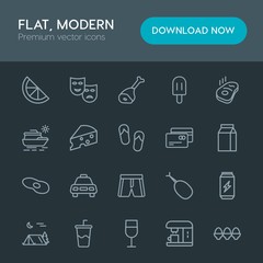 Modern Simple Set of food, drinks, travel Vector outline Icons. Contains such Icons as sweet,  fried, taxi,  container,  glass,  wineglass and more on dark background. Fully Editable. Pixel Perfect