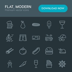 Modern Simple Set of food, drinks, travel Vector outline Icons. Contains such Icons as  sea,  beer, cooking,  glass, toast,  meal,  old,  cup and more on dark background. Fully Editable. Pixel Perfect