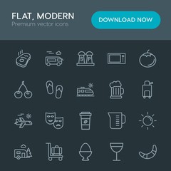 Modern Simple Set of food, drinks, travel Vector outline Icons. Contains such Icons as  spice,  vacation,  white,  delicious,  baggage, sun and more on dark background. Fully Editable. Pixel Perfect