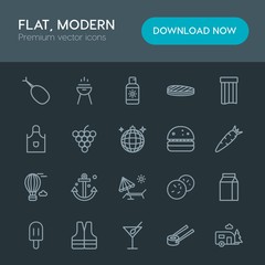 Modern Simple Set of food, drinks, travel Vector outline Icons. Contains such Icons as  park,  bbq,  nautical, alcohol,  barbecue,  mobile and more on dark background. Fully Editable. Pixel Perfect