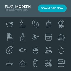 Modern Simple Set of food, drinks, travel Vector outline Icons. Contains such Icons as fashion,  plastic,  camp,  cake,  bulgarian, water and more on dark background. Fully Editable. Pixel Perfect