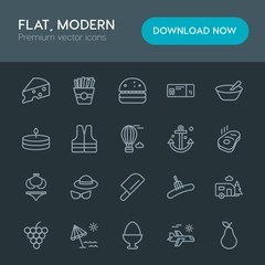 Fototapeta premium Modern Simple Set of food, drinks, travel Vector outline Icons. Contains such Icons as pear, railway, background, summer, holiday, mobile and more on dark background. Fully Editable. Pixel Perfect