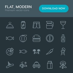 Modern Simple Set of food, drinks, travel Vector outline Icons. Contains such Icons as  bbq,  restaurant,  spicy,  box,  container,  meat and more on dark background. Fully Editable. Pixel Perfect
