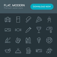 Modern Simple Set of food, drinks, travel Vector outline Icons. Contains such Icons as summer,  porridge,  party, train,  food, food,  meat and more on dark background. Fully Editable. Pixel Perfect