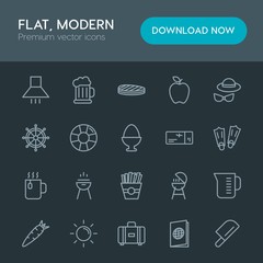 Modern Simple Set of food, drinks, travel Vector outline Icons. Contains such Icons as sun,  tool,  luggage, cooking, liquid,  steel,  meat and more on dark background. Fully Editable. Pixel Perfect
