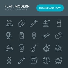Modern Simple Set of food, drinks, travel Vector outline Icons. Contains such Icons as  cruise,  vacation,  loaf, barbecue,  boat,  paper and more on dark background. Fully Editable. Pixel Perfect
