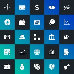Modern Simple Set of business, money, charts Vector fill Icons. Contains such Icons as  home,  money,  security, suitcase, bag and more on dark and gradient background. Fully Editable. Pixel Perfect.