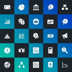 Modern Simple Set of business, money, charts Vector fill Icons. Contains such Icons as  market,  target, building,  circle and more on dark and gradient background. Fully Editable. Pixel Perfect.