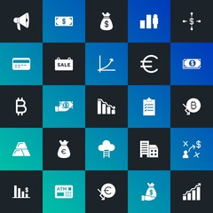 Modern Simple Set of business, money, charts Vector fill Icons. Contains such Icons as  bag,  chart, finance, chart, atm, sale and more on dark and gradient background. Fully Editable. Pixel Perfect.