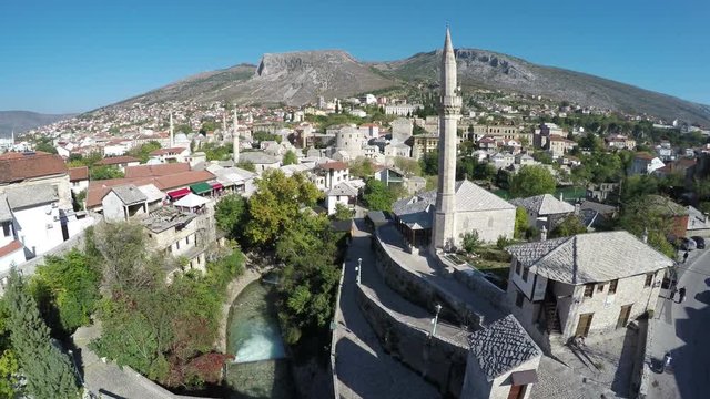 Aerial of Mostar with Koski Mehmed Pasha Mosque