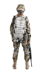 Female soldier with machine gun on white background. Military service