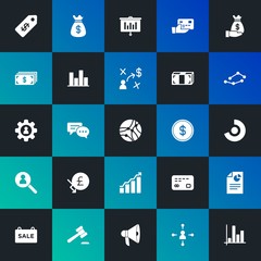 Modern Simple Set of business, money, charts Vector fill Icons. Contains such Icons as  judge,  loud,  legal, report, chat, law and more on dark and gradient background. Fully Editable. Pixel Perfect.