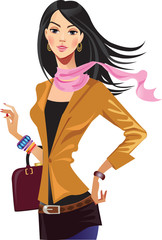 vector beauty girl with black hair, beautiful fashion woman