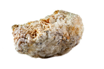 Macro shooting of natural gemstone. The raw mineral is albite, Brazil. Isolated object on a white background.
