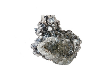 Macro shooting of natural gemstone. Raw mineral apophyllite. Isolated object on a white background.