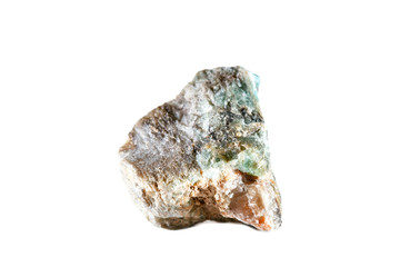 Macro shooting of natural gemstone. Raw mineral Apatite. Madagascar. Isolated object on a white background.