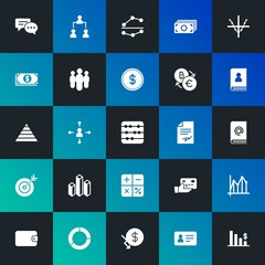 Modern Simple Set of business, money, charts Vector fill Icons. Contains such Icons as purse, chat,  business, exposure, dollar and more on dark and gradient background. Fully Editable. Pixel Perfect.