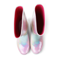 Pair of gumboots on white background, top view. Female shoes
