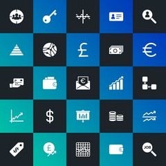 Modern Simple Set of business, money, charts Vector fill Icons. Contains such Icons as  dollar,  paper,  document,  note,  coin and more on dark and gradient background. Fully Editable. Pixel Perfect.
