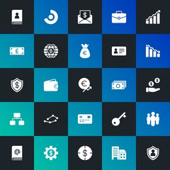 Modern Simple Set of business, money, charts Vector fill Icons. Contains such Icons as  home, target,  bag,  directory, mail and more on dark and gradient background. Fully Editable. Pixel Perfect.