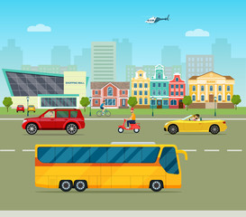 City street panoramic. City life set with transport, road and buildings. Vector flat style illustration