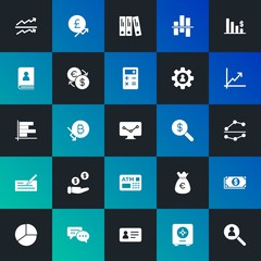 Modern Simple Set of business, money, charts Vector fill Icons. Contains such Icons as  save, usd,  paper, passport, chat,  job and more on dark and gradient background. Fully Editable. Pixel Perfect.