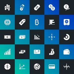 Modern Simple Set of business, money, charts Vector fill Icons. Contains such Icons as  sale, currency,  full,  office,  world and more on dark and gradient background. Fully Editable. Pixel Perfect.