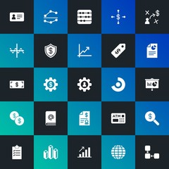 Modern Simple Set of business, money, charts Vector fill Icons. Contains such Icons as  id,  growth,  meeting,  3d, exposure,  and more on dark and gradient background. Fully Editable. Pixel Perfect.