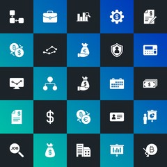 Modern Simple Set of business, money, charts Vector fill Icons. Contains such Icons as  money,  investment, ,  briefcase,  data and more on dark and gradient background. Fully Editable. Pixel Perfect.