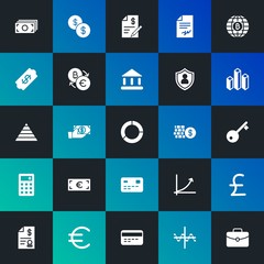 Modern Simple Set of business, money, charts Vector fill Icons. Contains such Icons as  building,  price,  contract,  finance and more on dark and gradient background. Fully Editable. Pixel Perfect.
