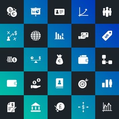 Modern Simple Set of business, money, charts Vector fill Icons. Contains such Icons as  aim,  id,  plan,  bitcoin,  team,  goal and more on dark and gradient background. Fully Editable. Pixel Perfect.