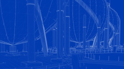 3d rendering of a blueprint industrial city with detailed objects