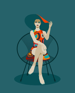 Fashionable woman with hat sitting in chair. Retro pop art style. Eps10 