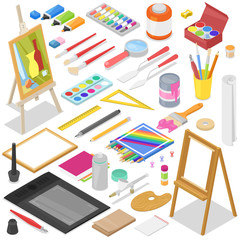 Naklejka na ściany i meble Artist tools vector watercolor with paintbrushes palette and color paints on canvas for artwork in art studio illustration artistic painting set isolated on background
