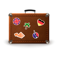 Vintage retro vector suitcase with travel stickers. Old leather luggage bag with stickers of France, Germany, Egypt, UK